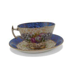PHOENIX Floral Tea Cup & Saucer Set Gold Gilt Blue Interior England Vintage